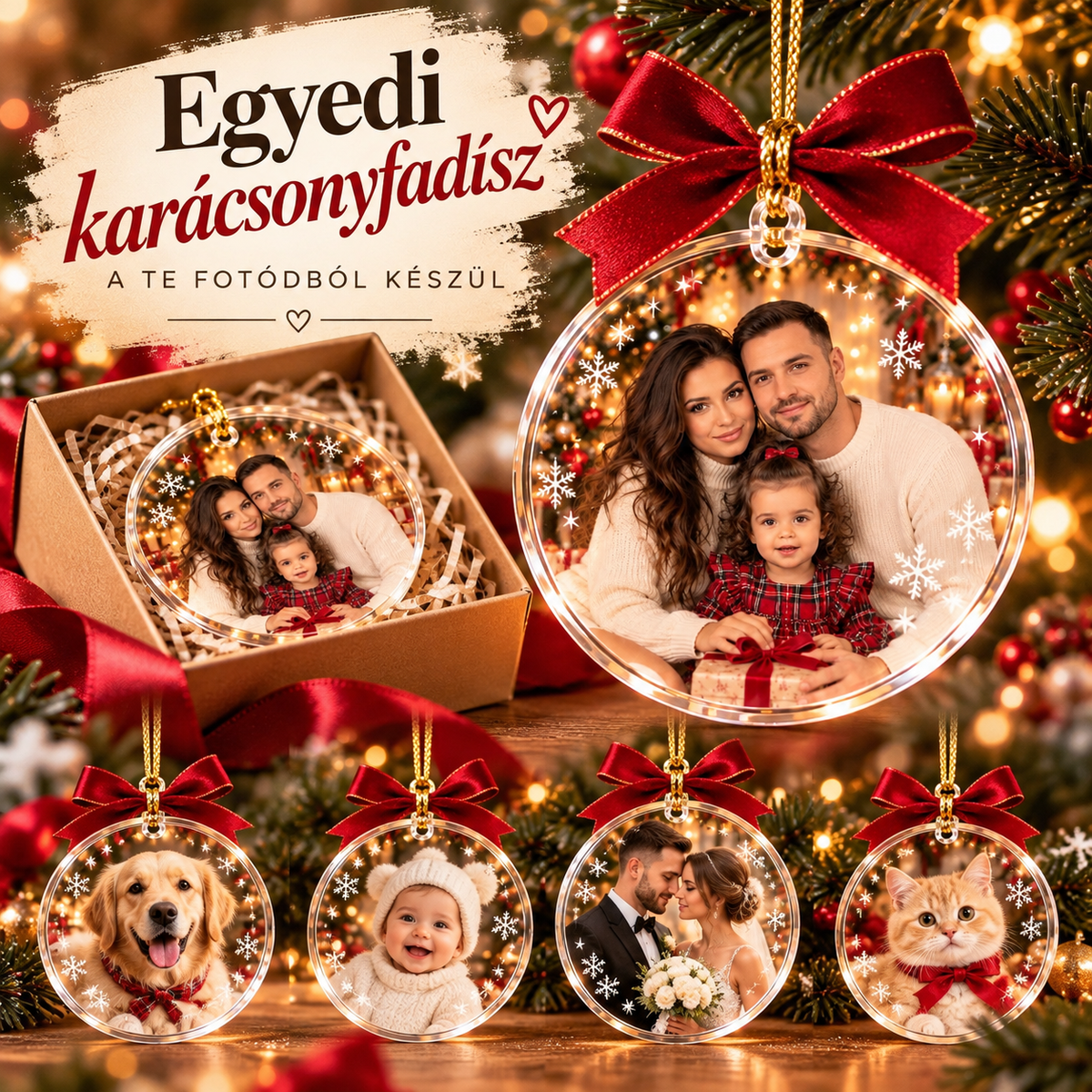 Egyedi karácsonyfadísz saját fotódból – akril gömb családi és kiskedőnc fotókkal